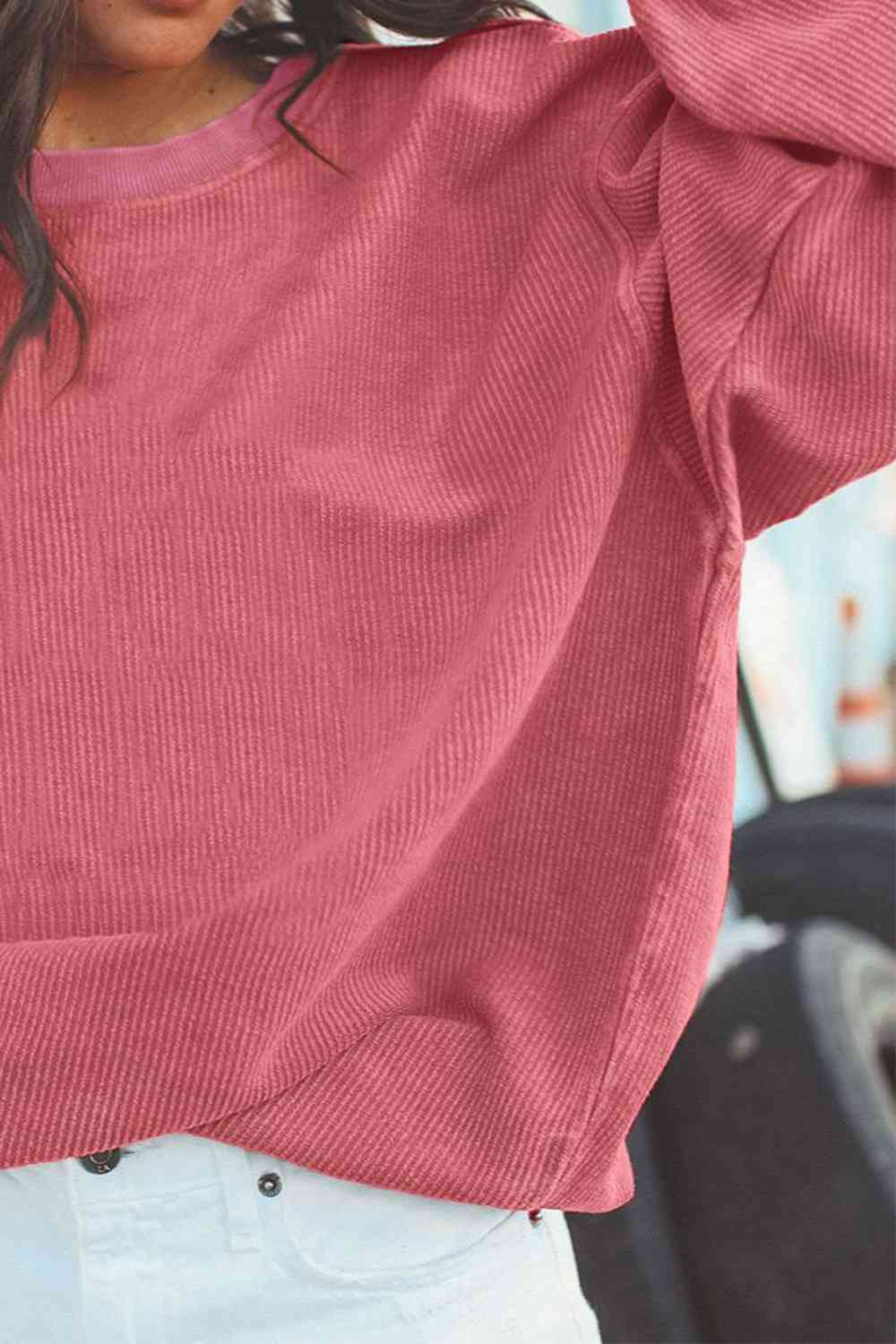 Ribbed Round Neck Drop Shoulder Sweatshirt - Ladyez