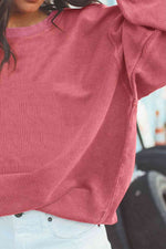 Ribbed Round Neck Drop Shoulder Sweatshirt - Ladyez