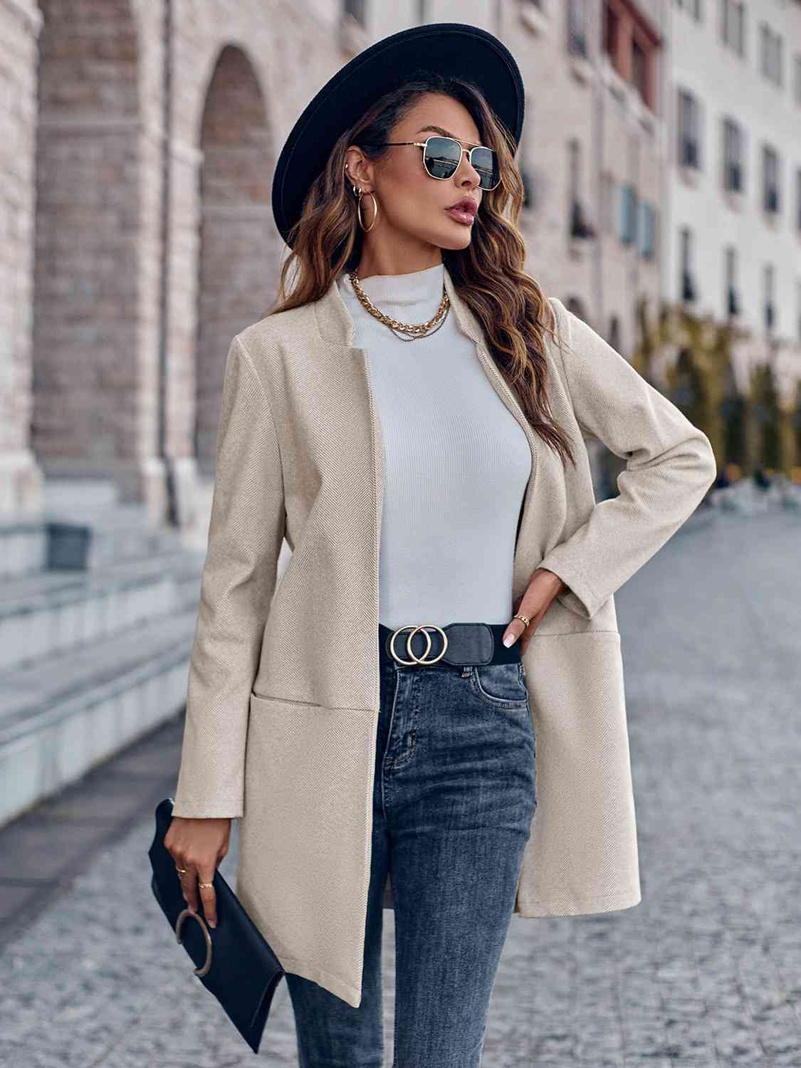 Open Front Long Sleeve Blazer - Ladyez
