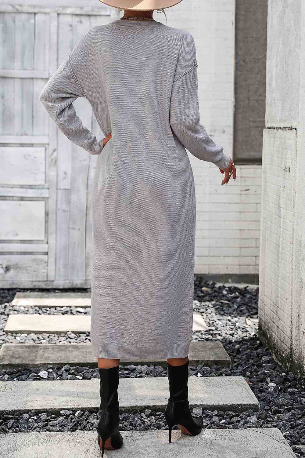Notched Neck Dropped Shoulder Button-Down Midi Dress - Ladyez
