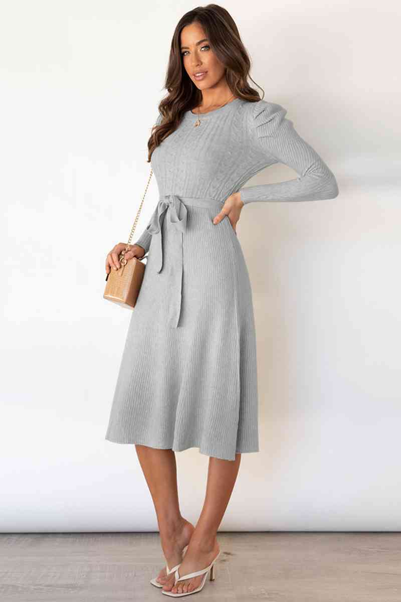 Round Neck Long Sleeve Tie Waist Sweater Dress - Ladyez