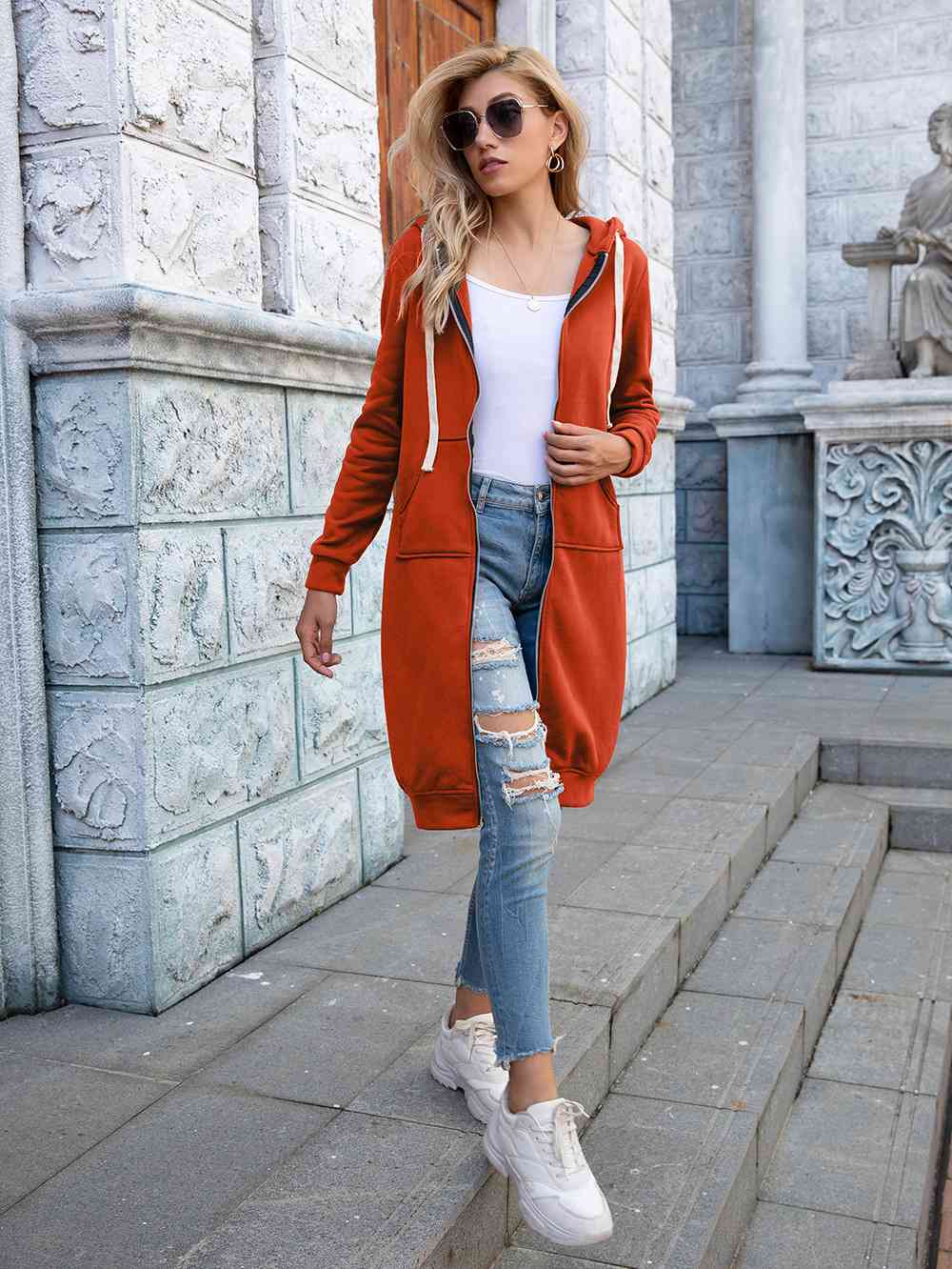 Zip-Up Longline Hoodie with Pockets - Ladyez