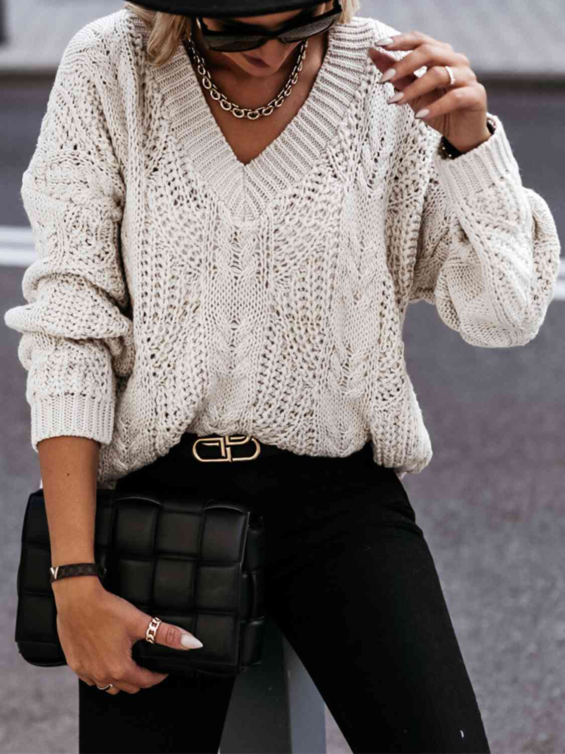 V-Neck Cable-Knit Long Sleeve Sweater - Ladyez