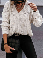 V-Neck Cable-Knit Long Sleeve Sweater - Ladyez
