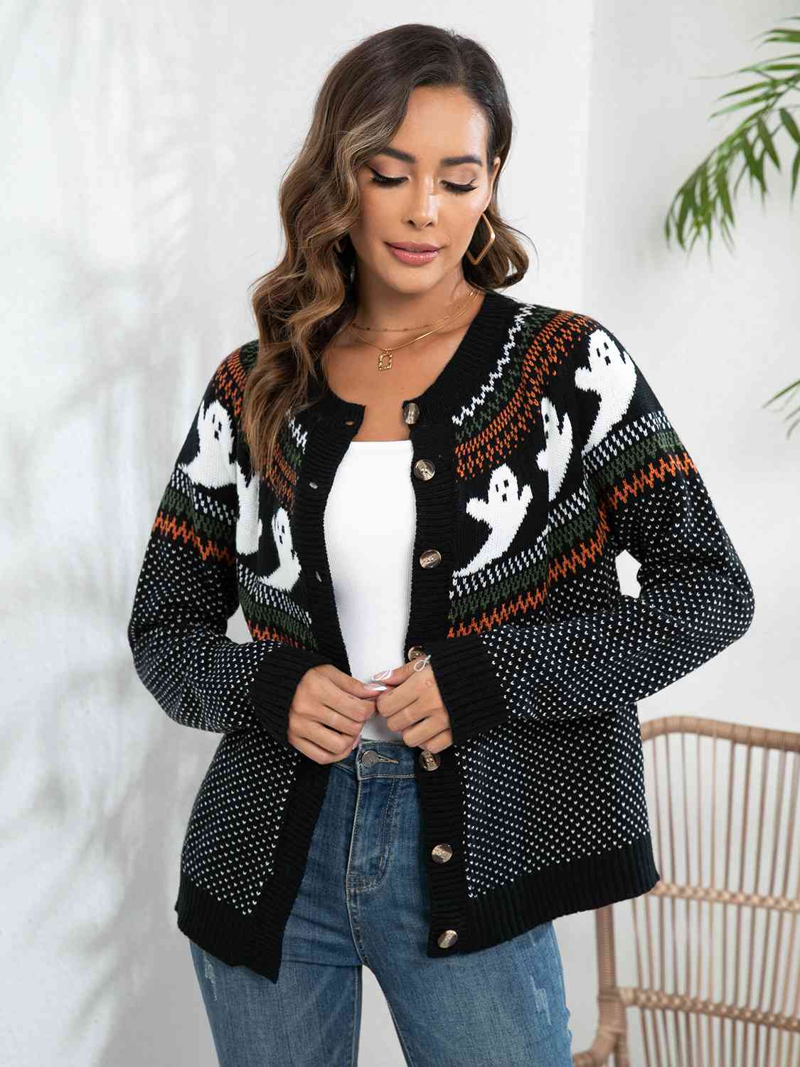 Ghost Button Up Long Sleeve Cardigan - Ladyez
