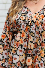 Plus Size Floral V-Neck Balloon Sleeve Blouse - Ladyez