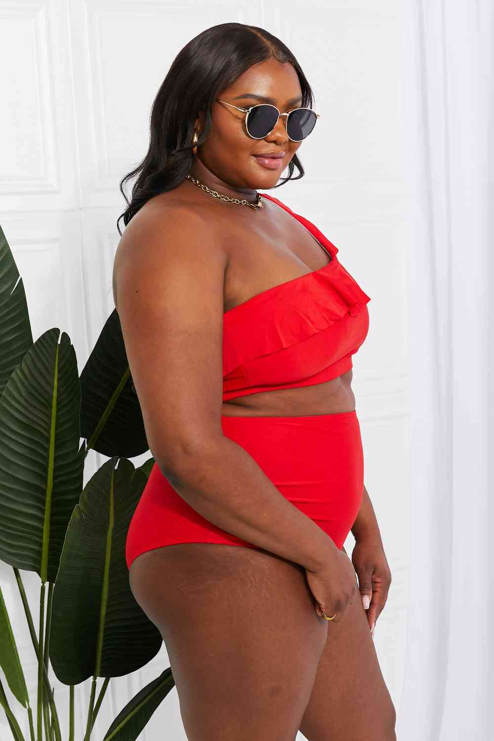 Marina West Swim Seaside Romance Ruffle One-Shoulder Bikini in Red - Ladyez