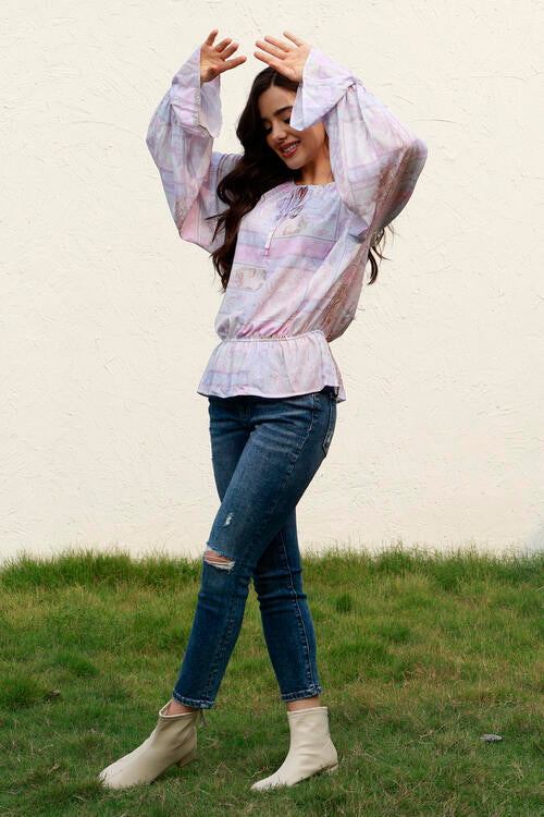 Printed Tie Neck Flounce Sleeve Blouse - Ladyez