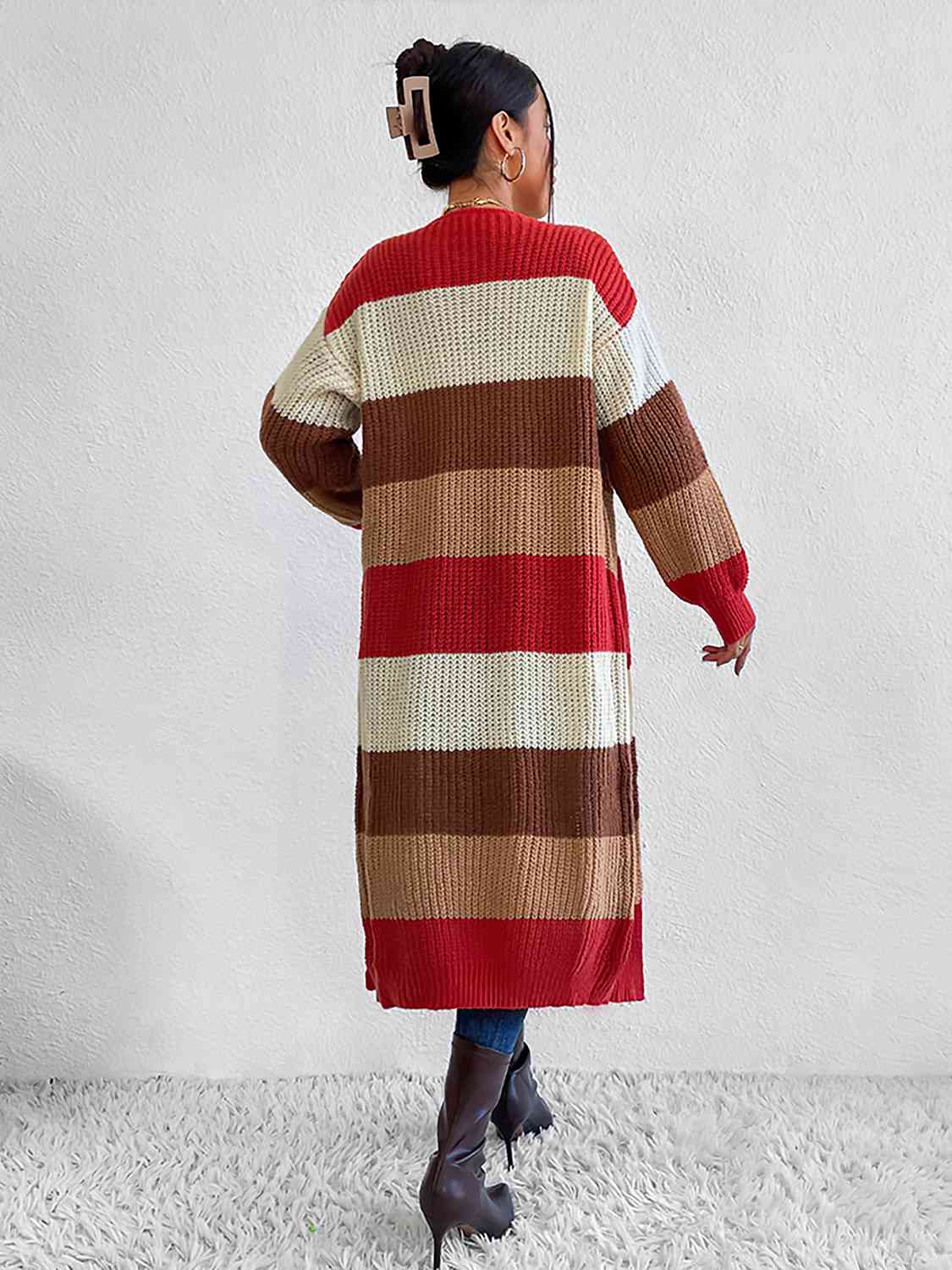 Color Block Open Front Longline Cardigan - Ladyez