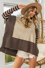 BiBi Striped Contrast Long Sleeve Slit Top - Ladyez