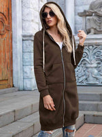 Zip-Up Longline Hoodie with Pockets - Ladyez
