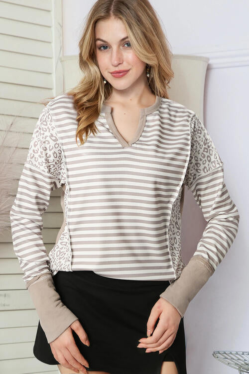 Exposed Seam Striped Notched Blouse - Ladyez