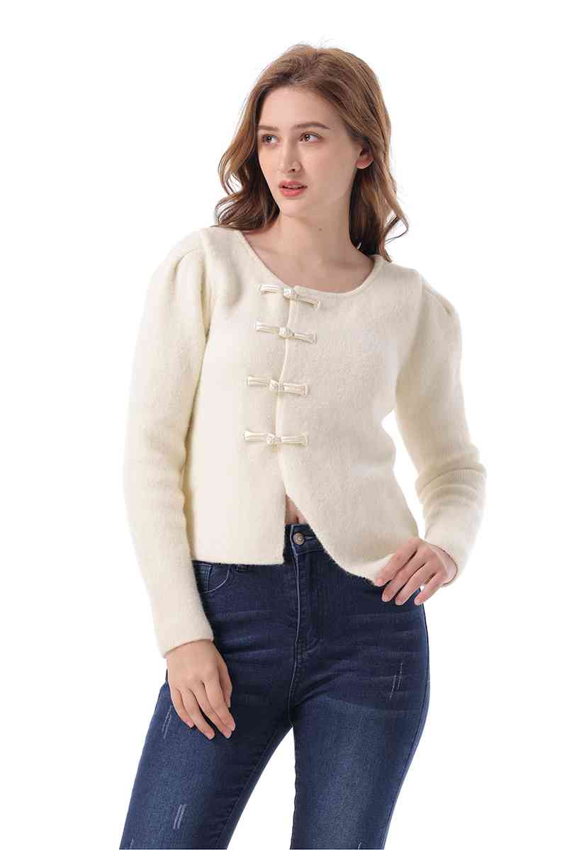 Round Neck Long Sleeve Frog Button Cardigan - Ladyez