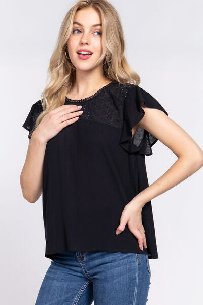 ACTIVE BASIC Ruffle Short Sleeve Crochet Blouse - Ladyez
