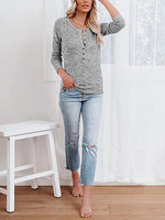 Round Neck Buttoned Long Sleeve T-Shirt - Ladyez