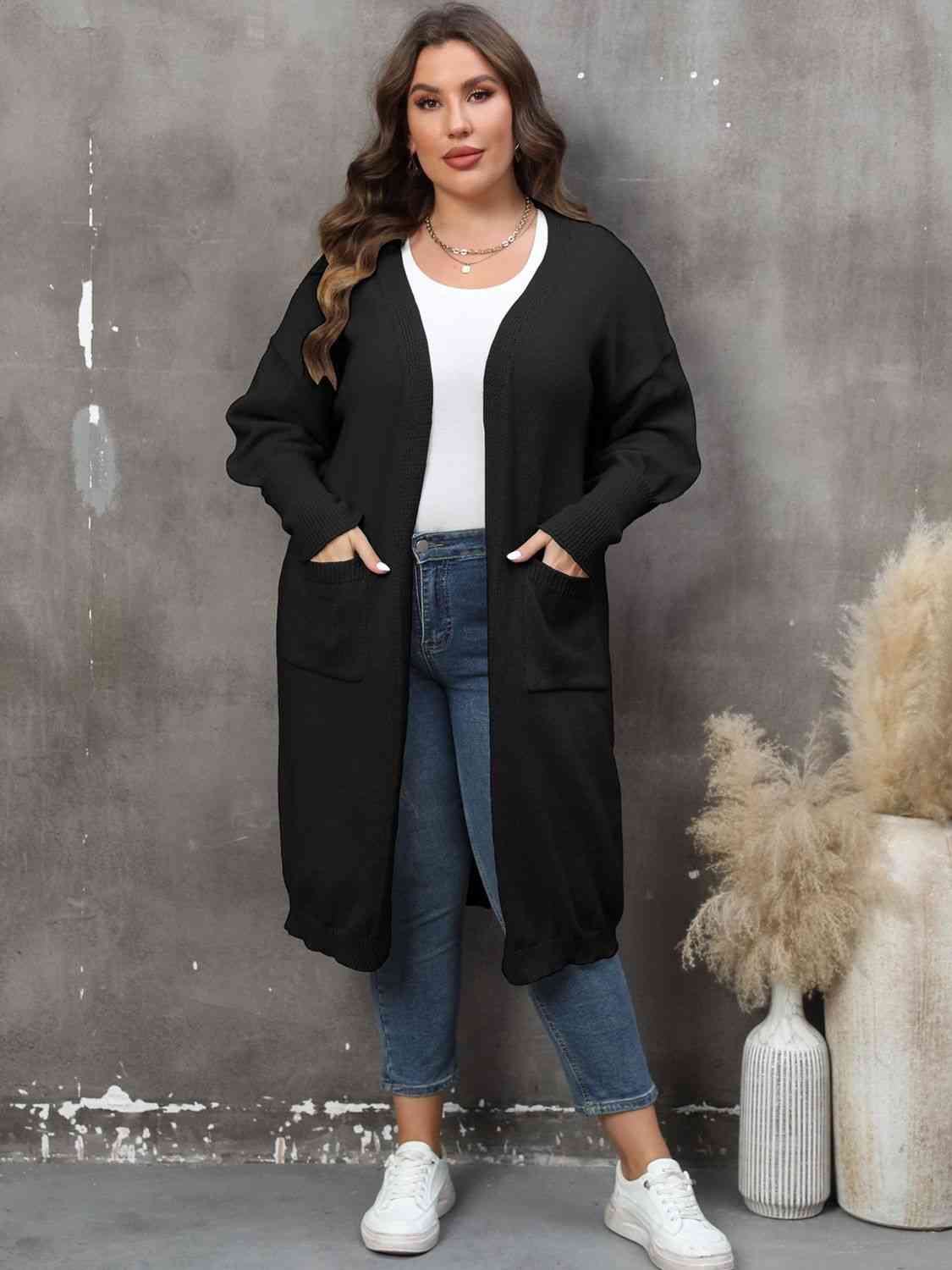 Plus Size Long Sleeve Pocketed Cardigan - Ladyez