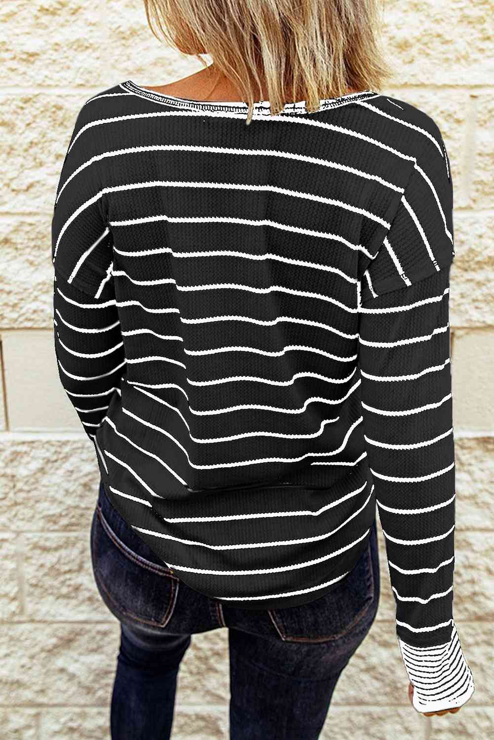 Striped Waffle Knit Henley Long Sleeve Top - Ladyez