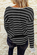 Striped Waffle Knit Henley Long Sleeve Top - Ladyez