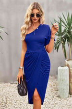 Ruched One-Shoulder Tulip Hem Dress - Ladyez
