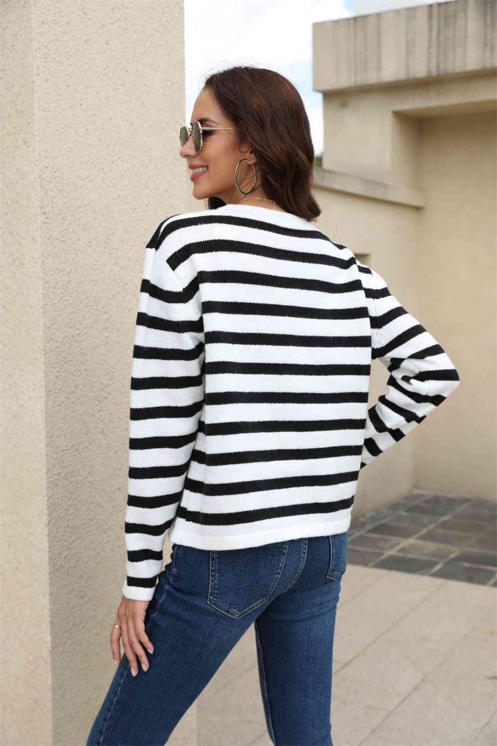 Striped Round Neck Button-Down Dropped Shoulder Cardigan - Ladyez