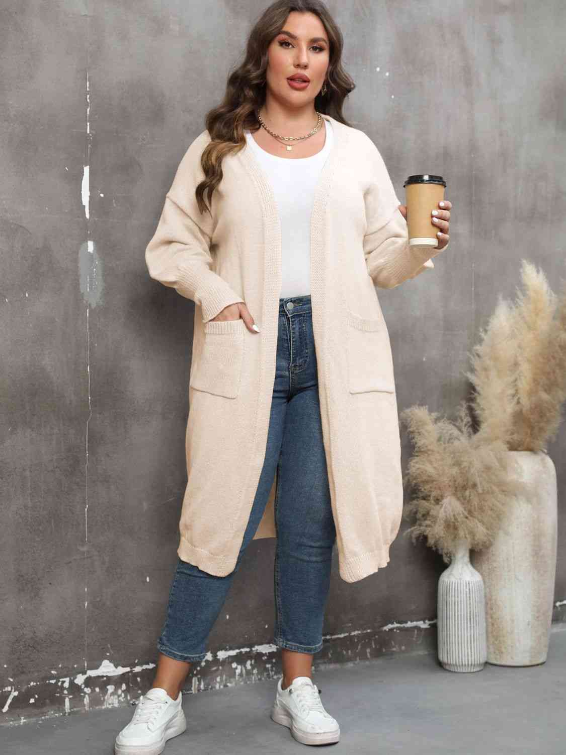 Plus Size Long Sleeve Pocketed Cardigan - Ladyez