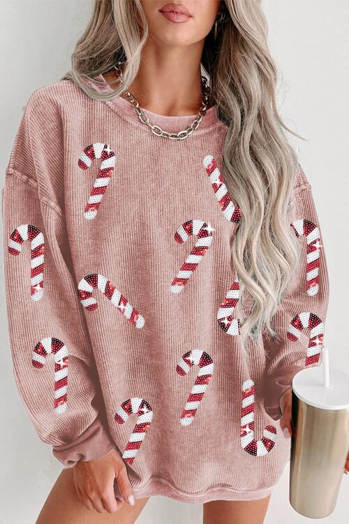 Sequin Candy Cane Round Neck Sweatshirt - Ladyez