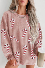 Sequin Candy Cane Round Neck Sweatshirt - Ladyez