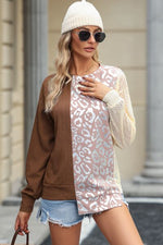Leopard Round Neck Long Sleeve Blouse - Ladyez