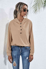 Buttoned Raglan Sleeve Hooded Blouse - Ladyez