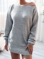 Rib-Knit Balloon Sleeve Boat Neck Sweater Dress - Ladyez
