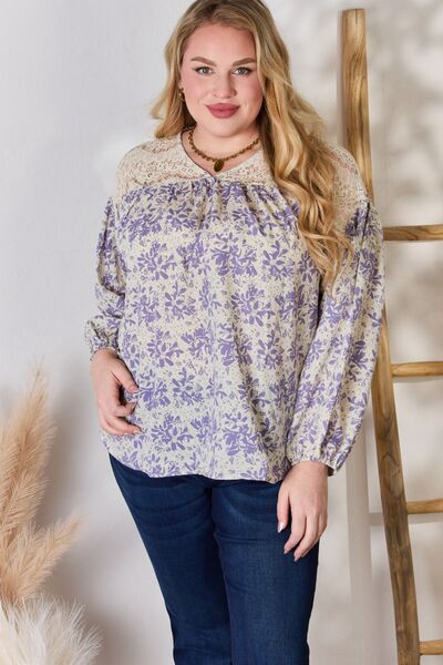 Hailey & Co Full Size Lace Detail Printed Blouse - Ladyez