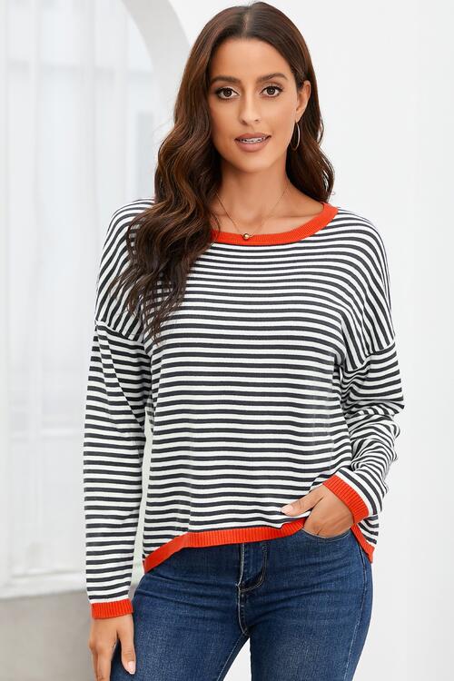 Striped Round Neck Drop Shoulder T-Shirt - Ladyez