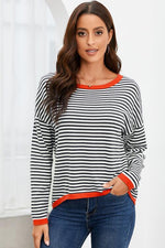 Striped Round Neck Drop Shoulder T-Shirt - Ladyez