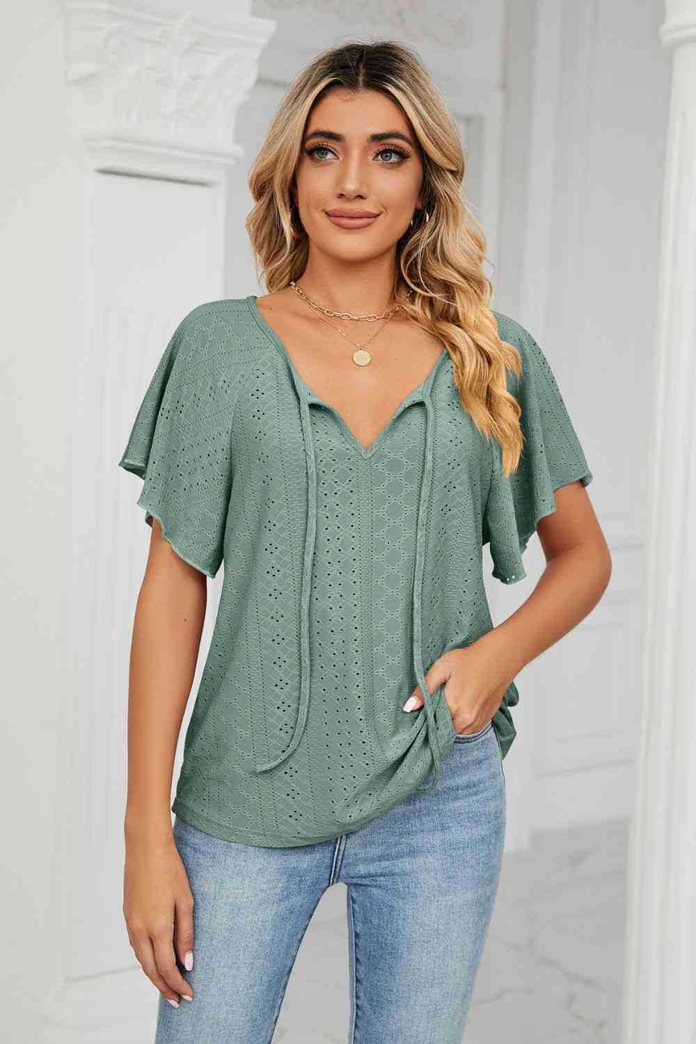 Eyelet Tie-Neck Flutter Sleeve Top - Ladyez