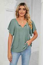 Eyelet Tie-Neck Flutter Sleeve Top - Ladyez