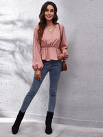 V-Neck Balloon Sleeve Peplum Blouse - Ladyez