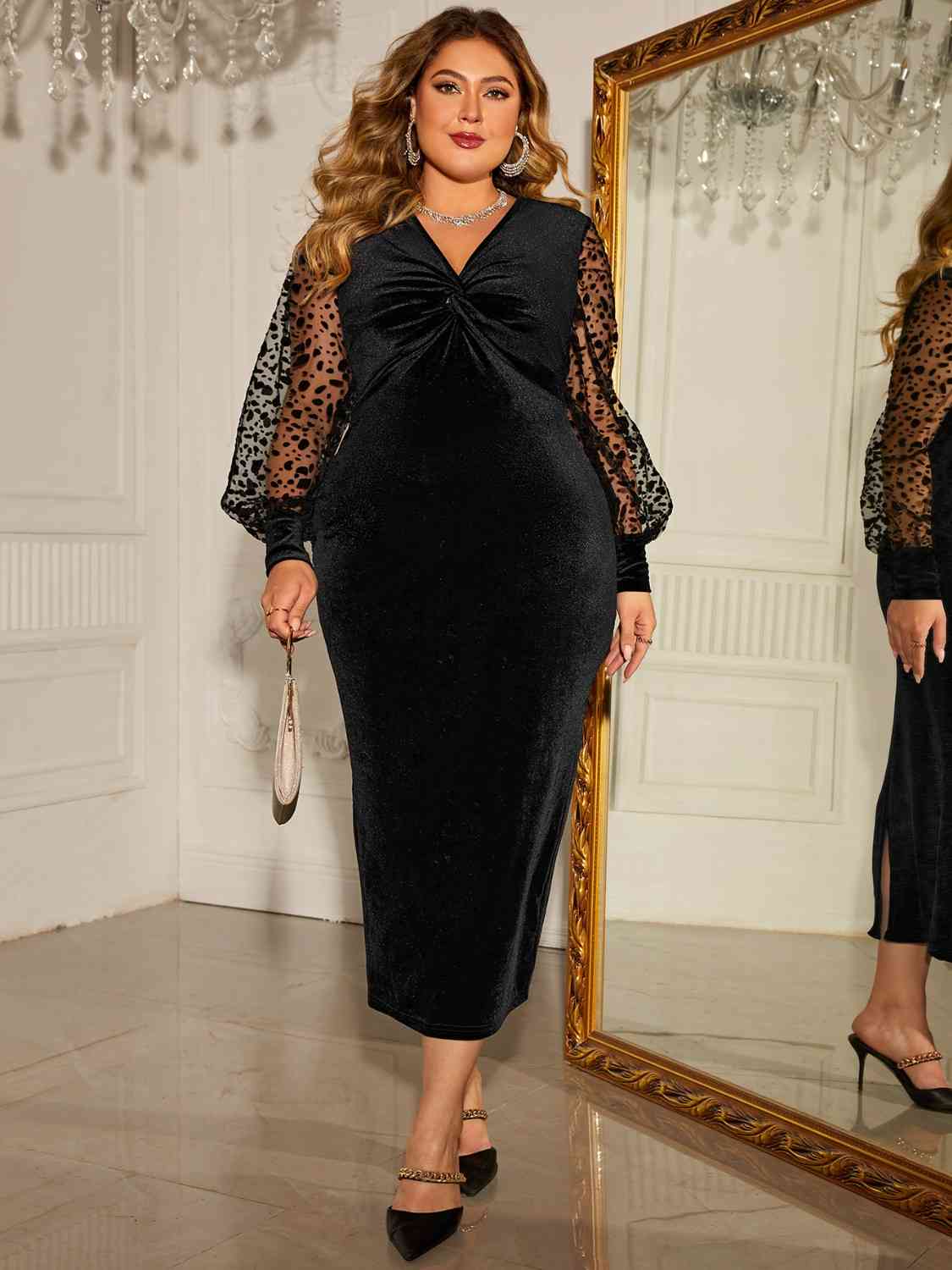 Plus Size Twist Front Lantern Sleeve Slit Dress - Ladyez