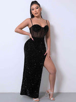 Sequin Spliced Mesh Adjustable Strap Dress - Ladyez