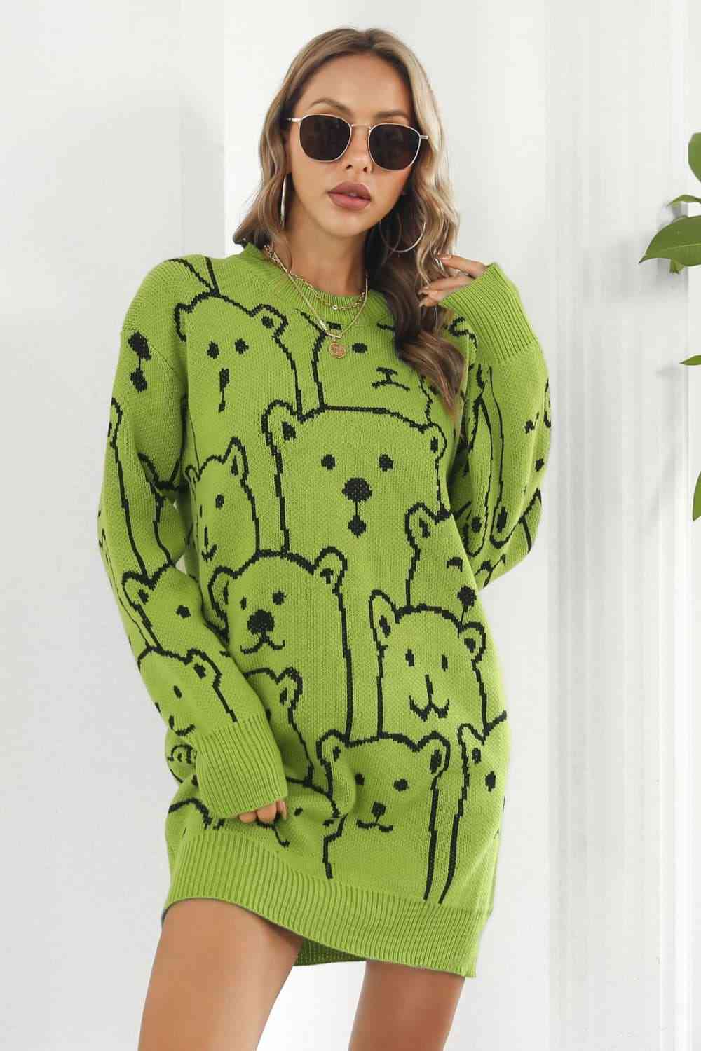 Bear Pattern Round Neck Sweater Dress - Ladyez