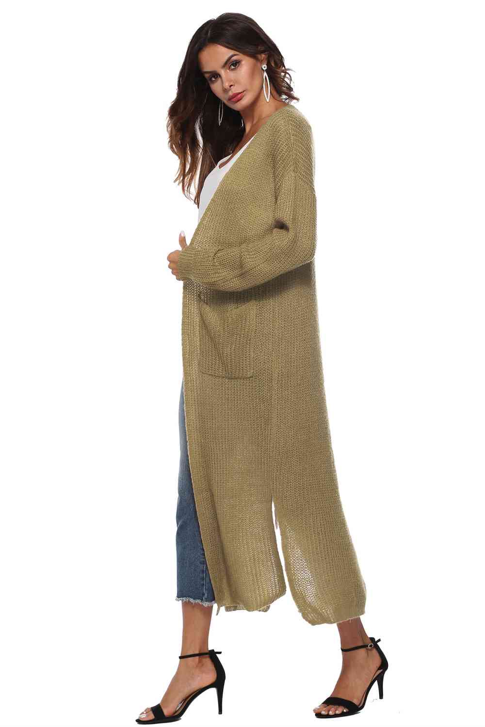 Long Sleeve Open Front Buttoned Cardigan - Ladyez