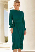 Round Neck Long Sleeve Pleated Sweater Dress - Ladyez