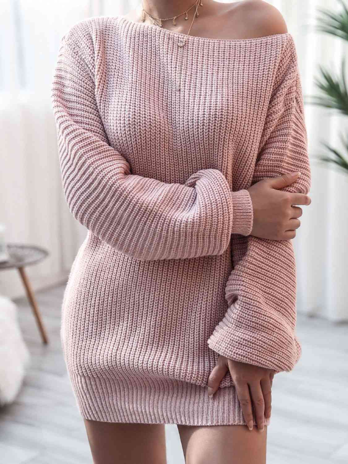 Rib-Knit Balloon Sleeve Boat Neck Sweater Dress - Ladyez