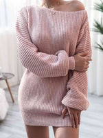Rib-Knit Balloon Sleeve Boat Neck Sweater Dress - Ladyez