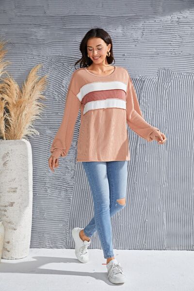 Ribbed Color Block Exposed Seam Round Neck Blouse - Ladyez