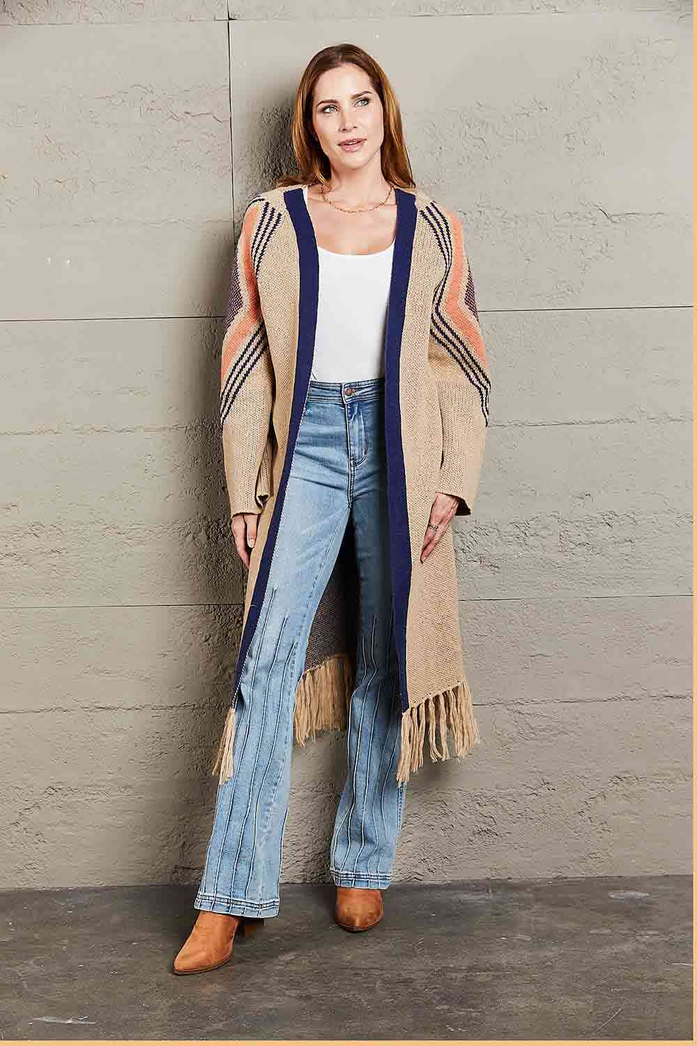 Double Take Geometric Fringe Hem Open Front Duster Cardigan - Ladyez