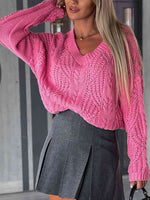 V-Neck Cable-Knit Long Sleeve Sweater - Ladyez