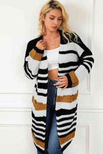 Striped Open Front Cardigan with Pockets - Ladyez