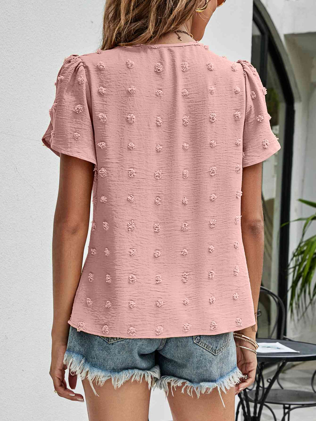 Swiss Dot Round Neck Petal Sleeve Top - Ladyez