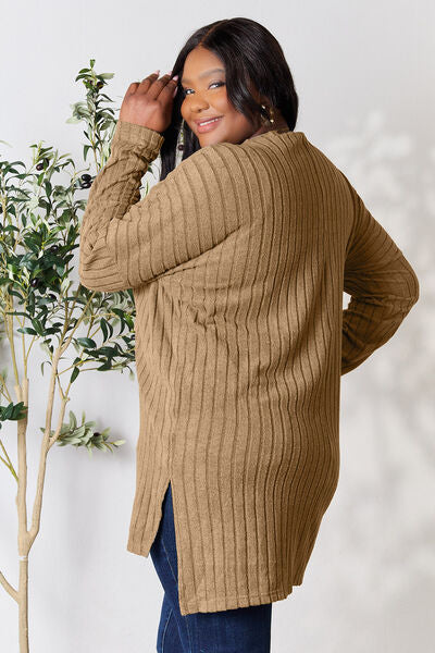 Basic Bae Full Size Ribbed Round Neck Long Sleeve Slit Top - Ladyez