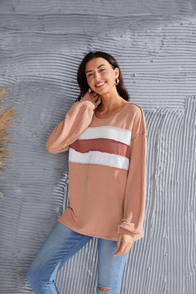 Ribbed Color Block Exposed Seam Round Neck Blouse - Ladyez